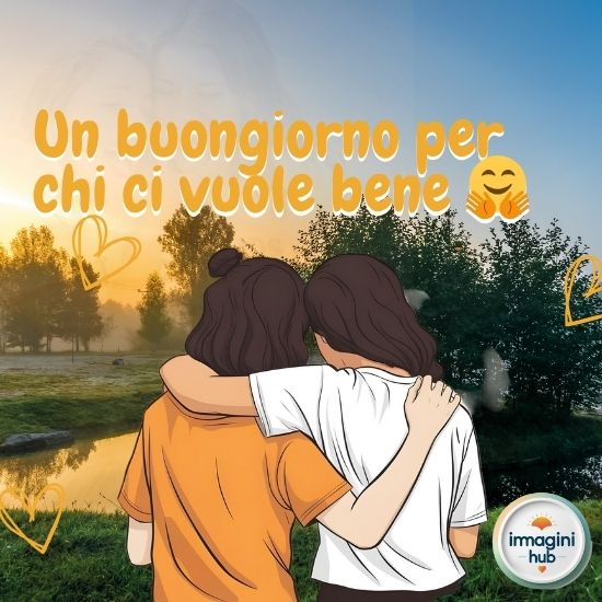 Due ragazze si abbracciano al sole con la scritta "un buongiorno per chi vuole bene".