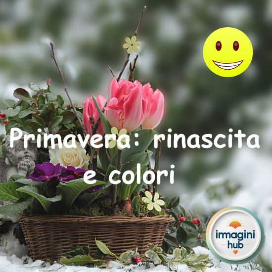 Un cesto di fiori con un cartello che dice "primavera rinascita e color".